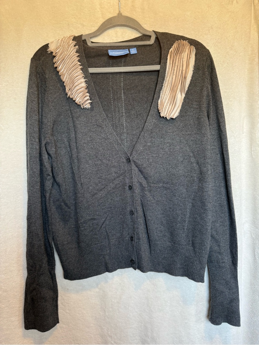 Simply Vera Wang Charcoal Gray Button-Front Cardigan with Pleated Cream Trim